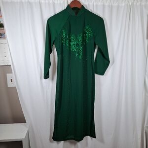 Elegant Green Top Long Blouse Cover S Split Embelished